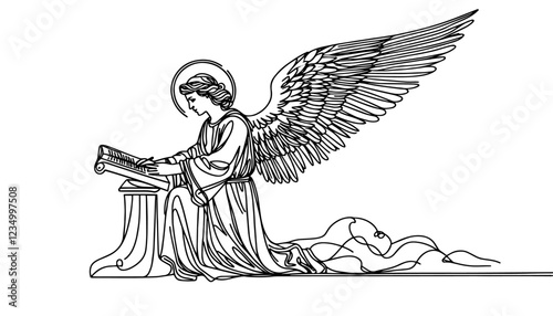angel kneeling with halo reading scroll one continuous line vector drawing illustration
