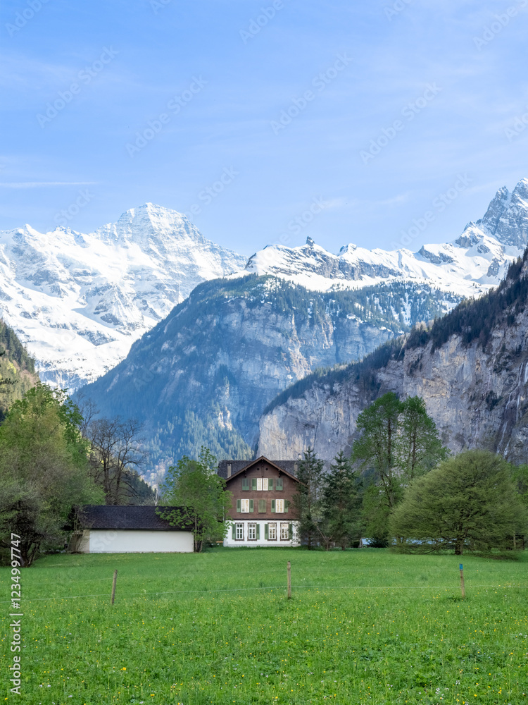 Fototapeta premium Rural Farm in the Lauterbrunnen Valley, Bernese Oberland, Switzerland