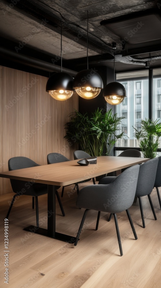 Fototapeta premium A modern office space featuring a green living wall with lush perennial plants, minimalist furniture, and sleek lighting design.