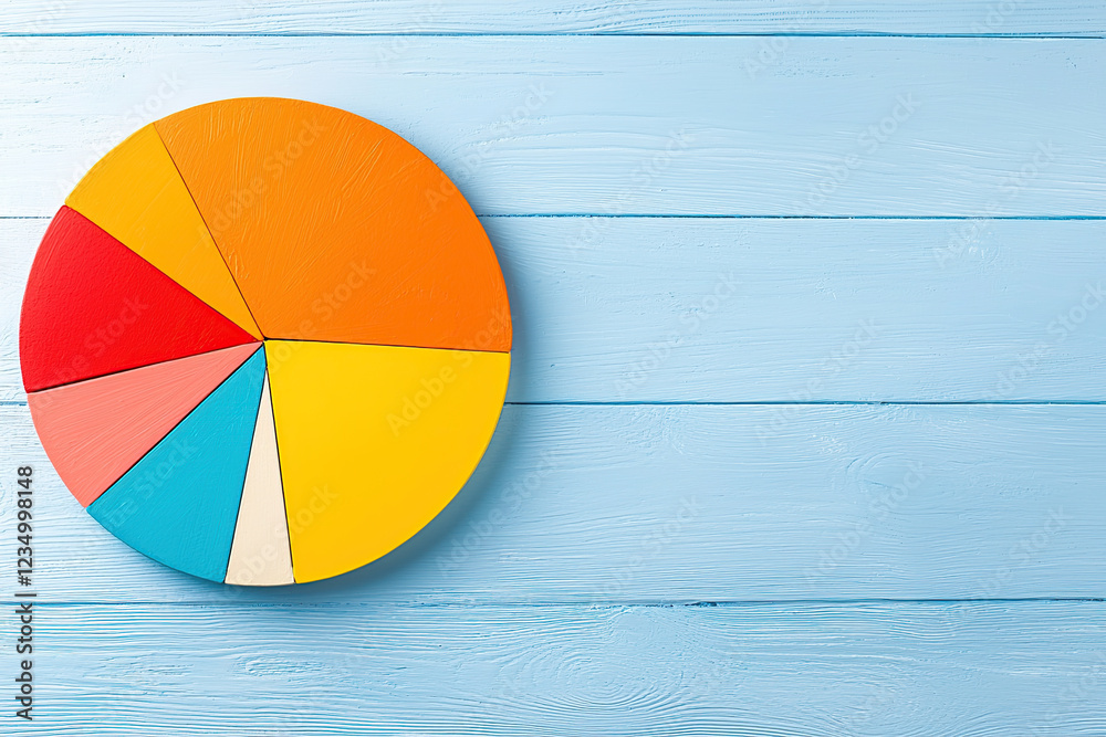Fototapeta premium Colorful pie chart on blue wooden background, showcasing data visualization. chart features various segments in vibrant colors, illustrating statistical information in visually appealing manner