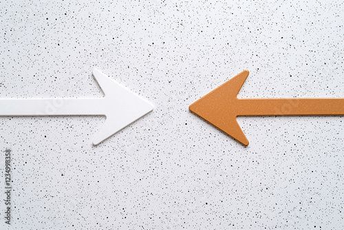 Two arrows facing each other on speckled surface, one white and one orange, symbolize opposing directions or choices photo