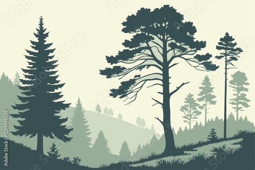 Misty pine forest, foggy landscape, ethereal atmosphere, evergreen trees, soft light, atmospheric perspective, muted colors, serene nature scene, moody forest, layered tree silhouettes, dreamy woodlan