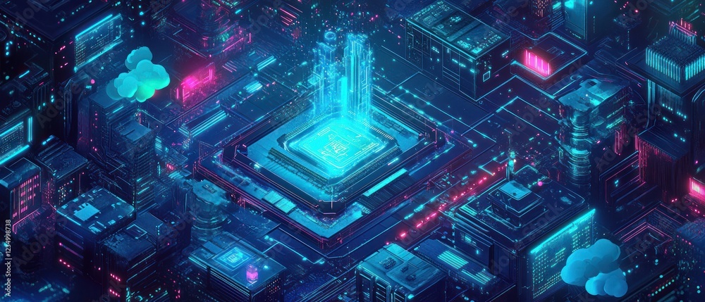 Obraz premium Cyberpunk city with glowing central portal and floating clouds, for tech or future design