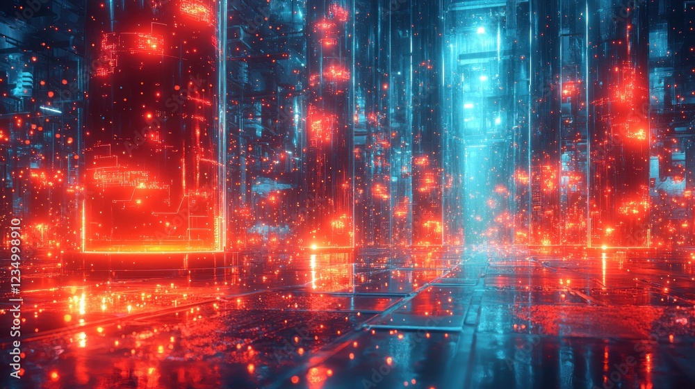Neon Cityscape: A Digital Metropolis of Red and Blue Glowing Lights Neon Cityscape: A Digital Metropolis of Red and Blue Glowing Lights