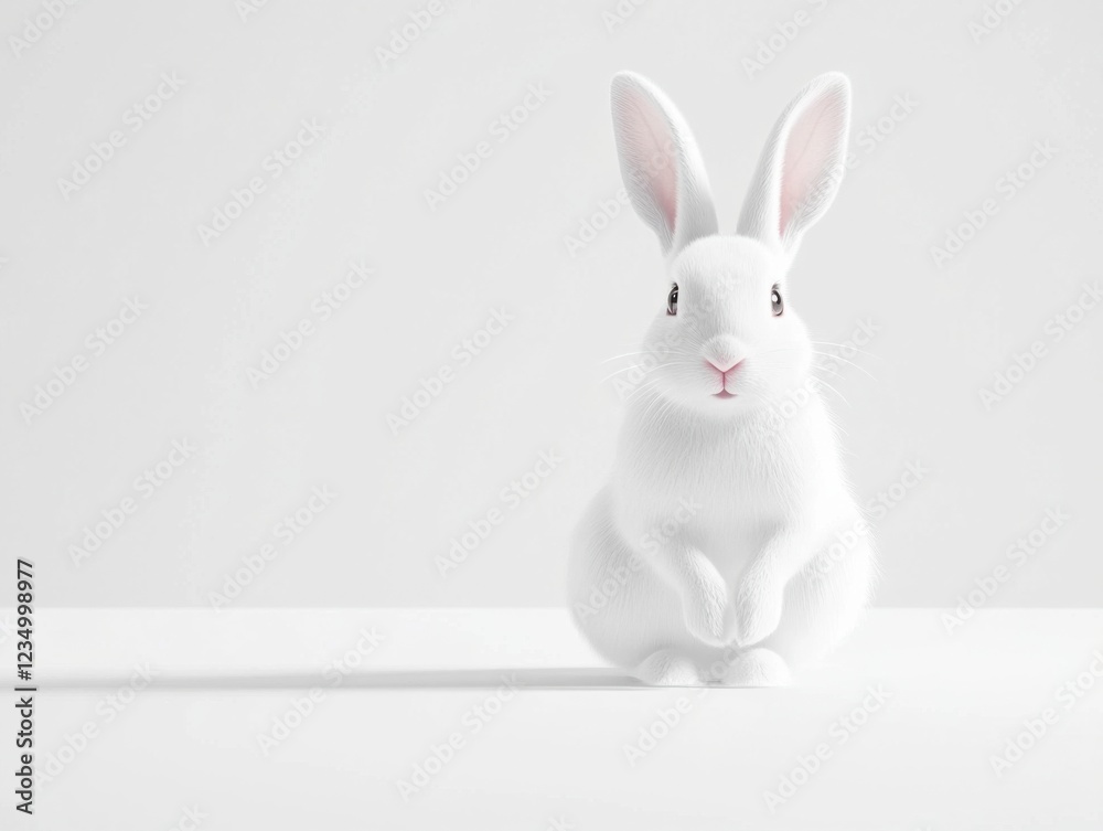 Obraz premium A white rabbit with a cute, smiling expression is centered in this minimalistic image against a plain background, exuding a sense of calm and innocence.