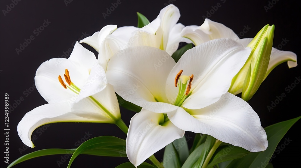 Obraz premium Elegant White Lilies Against Black Background for Floral Decoration and Design : Generative AI