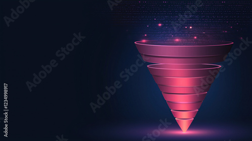dynamic funnel visualizing e commerce conversions with glowing pink layers on dark background, symbolizing digital marketing strategies and data analysis