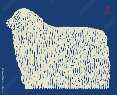 Hungarian sheep dog hand drawn brush line duotone background, simple cute and funny animal background on indigo blue with space for copy, good for stationary, poster, textile, towel