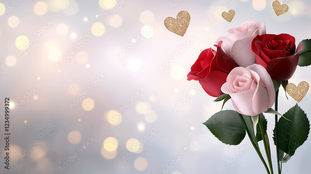 Obraz premium Bouquet of red and pink roses with gold glitter. Minimalistic background.