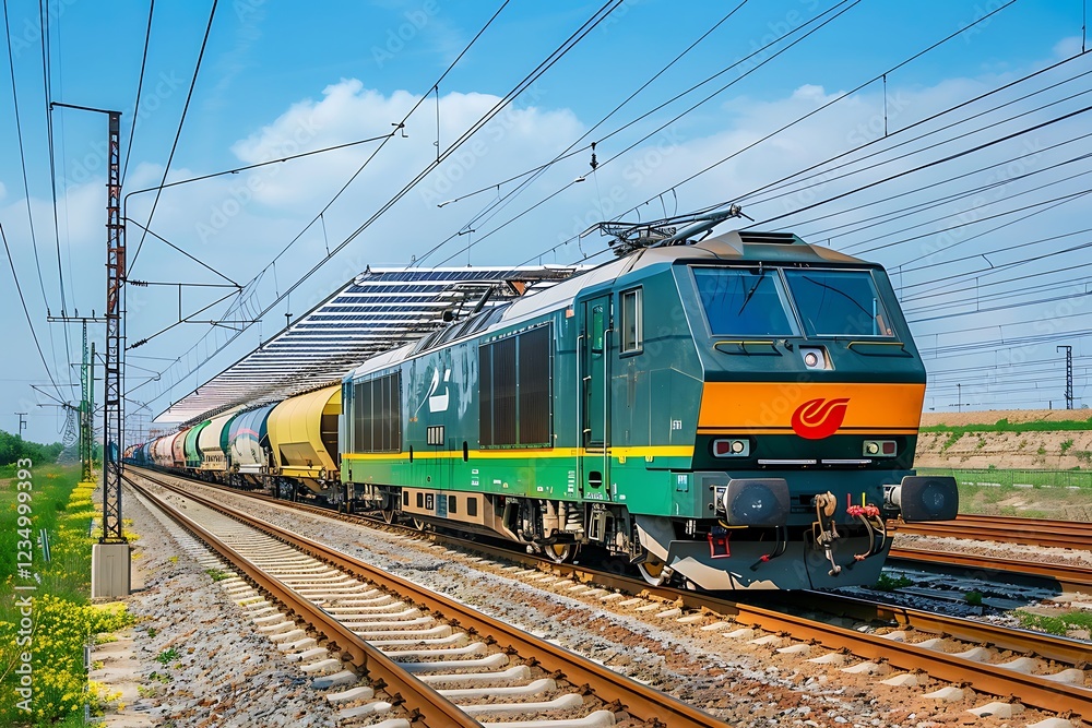 A green and orange electric locomotive leads a freight train carrying numerous railcars. The train travels along a railway under a sunny sky. A green and orange electric locomotive leads a freight train carrying numerous railcars. The train travels along a railway under a sunny sky.