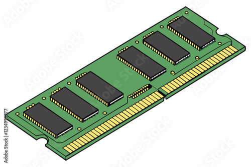  Computer RAM stick, green circuit board, memory module, gold contacts, black integrated circuits, rectangular shape, technological, computer hardware, close-up, high-resolution, detailed, precision e