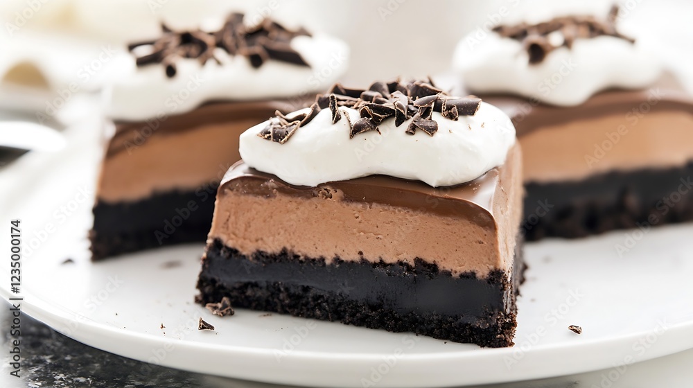 Layered chocolate mousse bars with whipped cream and chocolate garnish : Generative AI Layered chocolate mousse bars with whipped cream and chocolate garnish : Generative AI