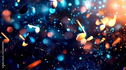 A gold musical note, highlighted by bokeh and blurry lights, against a black background, suitable for an abstract music event or party