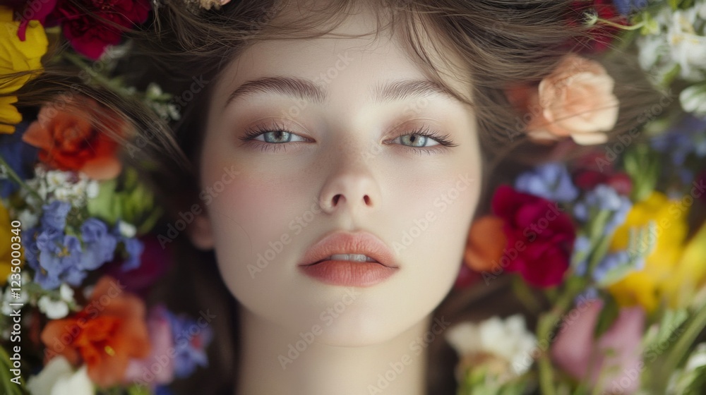 Fototapeta premium Woman with Flowers Surrounding Her Face