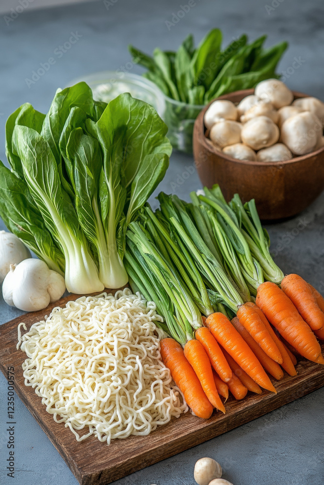 Instant Noodle Cups, A high-fidelity image of instant noodles enhanced with fresh vegetables for promotional purposes.