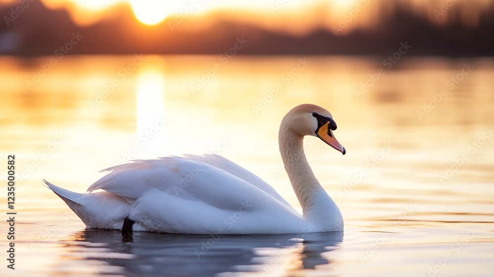 Fototapeta premium Graceful Swan Gliding on Tranquil Lake at Sunrise with Golden Reflections : Generative AI