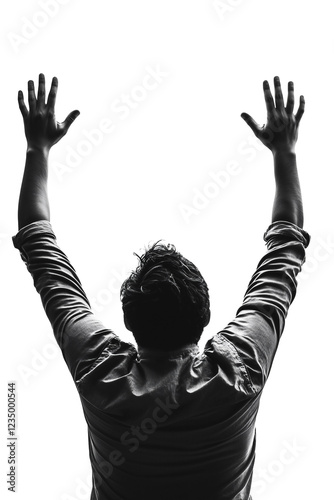 People who worship with their hands held high, white background, transparent background, upper body, soft studio light, backside, silhouette