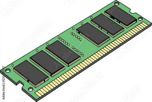  Computer RAM stick, green circuit board, memory module, gold contacts, black integrated circuits, rectangular shape, technological, computer hardware, close-up, high-resolution, detailed, precision e