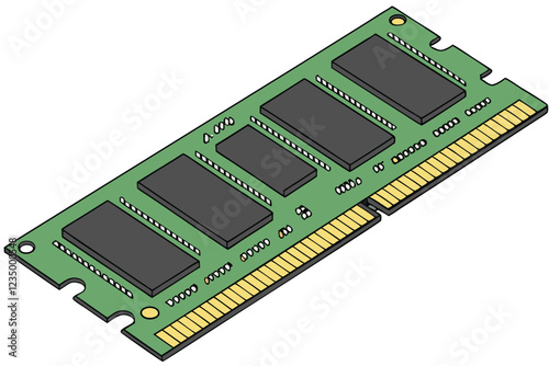  Computer RAM stick, green circuit board, memory module, gold contacts, black integrated circuits, rectangular shape, technological, computer hardware, close-up, high-resolution, detailed, precision e
