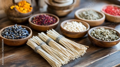 Assorted Herbal and Spice Bowls with Dried Botanicals for Natural Healing and Traditional Medicine : Generative AI photo