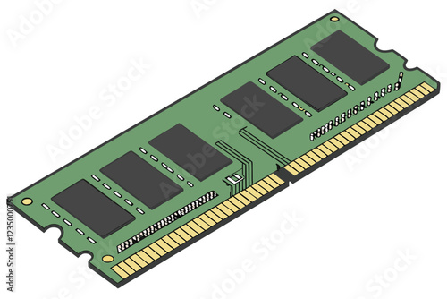  Computer RAM stick, green circuit board, memory module, gold contacts, black integrated circuits, rectangular shape, technological, computer hardware, close-up, high-resolution, detailed, precision e