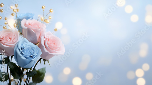 Bouquet of pink and blue roses. Minimalistic background.