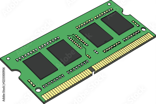  Computer RAM stick, green circuit board, memory module, gold contacts, black integrated circuits, rectangular shape, technological, computer hardware, close-up, high-resolution, detailed, precision e