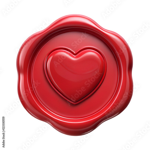Red Circle Wax Seal with embossed heart, Isolated On White Background, Clipart Element With Selective Path. Declaration of love, St. Valentine's Day concept.