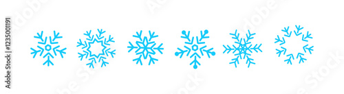 Seven Blue Snowflake Designs Winter, Ice, Crystals, Frost, Holiday