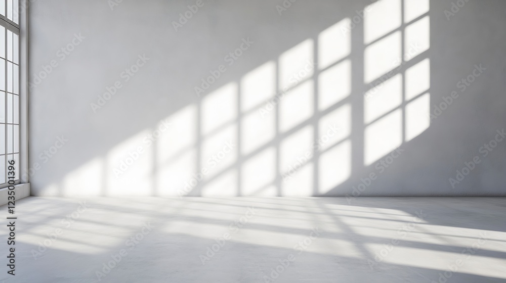 Obraz premium Bright Minimalist Room with Sunlit Concrete Floor and Large Gridded Windows Casting Shadows : Generative AI