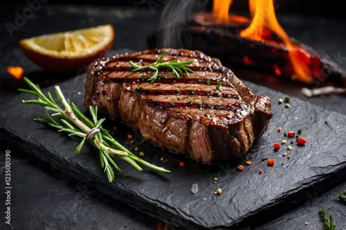 fresh grilled bbq steaks on slate background