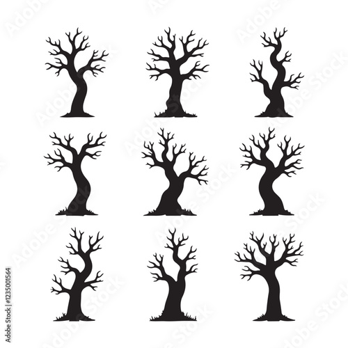 Silhouette trees, bare branches, spooky forest icons, black and white illustrations