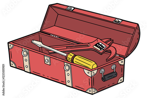  Red metal toolbox, vintage style, chrome latches, black handle, screwdriver, wrench, yellow and red tools, bright colors, isolated on white background, product photography, detailed, realistic, high 