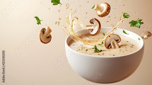 Creamy mushroom soup with floating mushrooms and green herbs in high-resolution shot