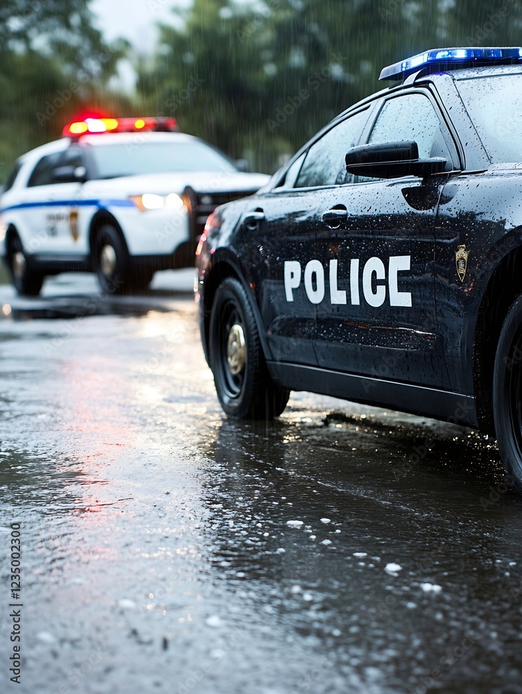 Police Cars in Action on Rainy Day with Water Reflections on Wet Street : Generative AI Police Cars in Action on Rainy Day with Water Reflections on Wet Street : Generative AI