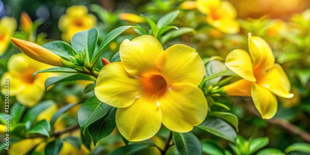 Fototapeta premium A vibrant yellow flower blooms amidst lush green foliage, showcasing the beauty of nature's artistry.
