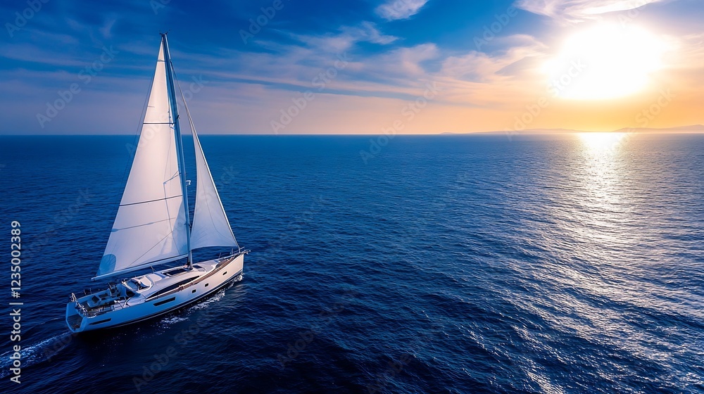 Obraz premium Idyllic Sailboat Navigating Serene Ocean Waters at Sunset for Relaxation and Adventure : Generative AI