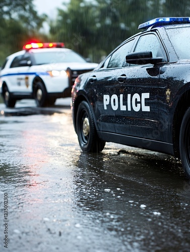 Police Cars in Action on Rainy Day with Water Reflections on Wet Street : Generative AI