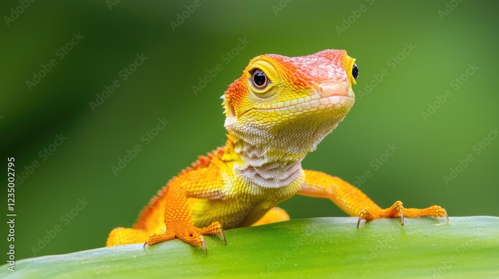 Fototapeta premium A vibrant, yellow-orange lizard perches on a green leaf, showcasing its colorful skin and inquisitive expression against a blurred natural background.
