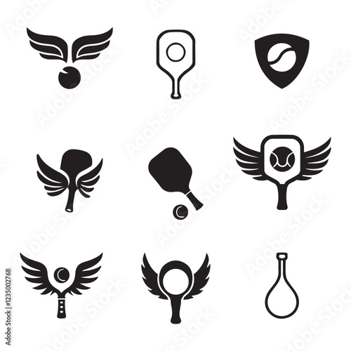 Black and white icons, table tennis paddles, wings motif, minimalist sports equipment, sports logos