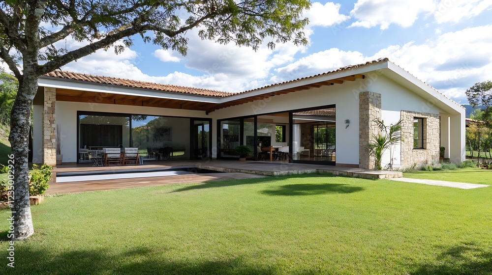 Modern Single Story House with Large Windows and Open Garden Views : Generative AI