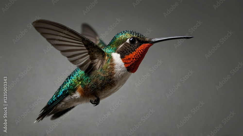 Fototapeta premium A vibrant hummingbird is isolated on a clear background.