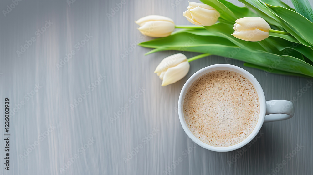 White coffee cup with a brown foam on top sits on a table. Minimalistic background. White coffee cup with a brown foam on top sits on a table. Minimalistic background.