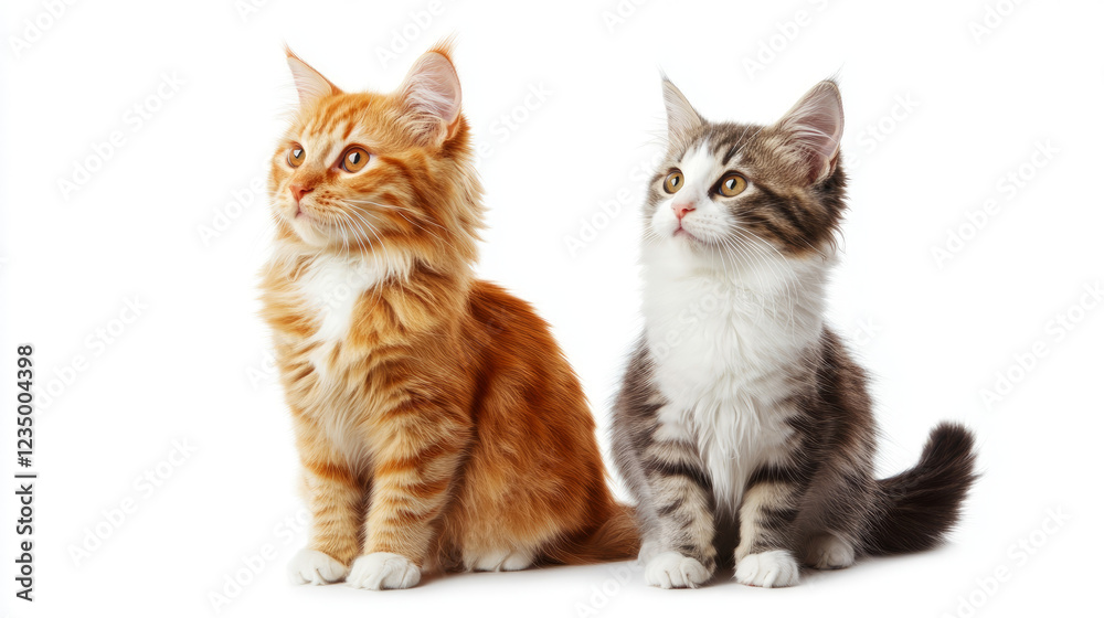 Two cats, one orange and one white with gray spots, sit together on a white background Two cats, one orange and one white with gray spots, sit together on a white background