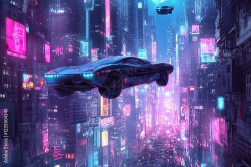 Futuristic Cityscape With Flying Cars Soaring Through Neon Lit Streets photo