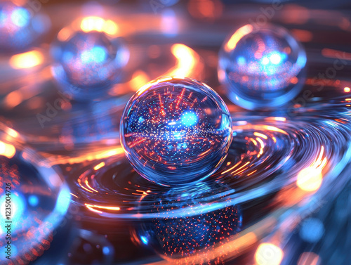 Multiple quantum qubits in superposition visualized with swirling quantum fields at high detail photo