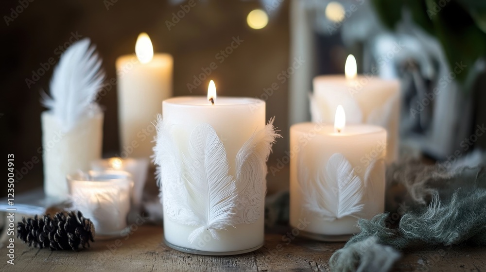 Elegant White Candles with Feather Decoration Elegant White Candles with Feather Decoration