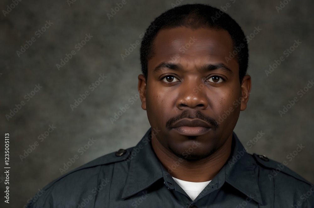 Obraz premium Serious African American man, prison guard, uniform