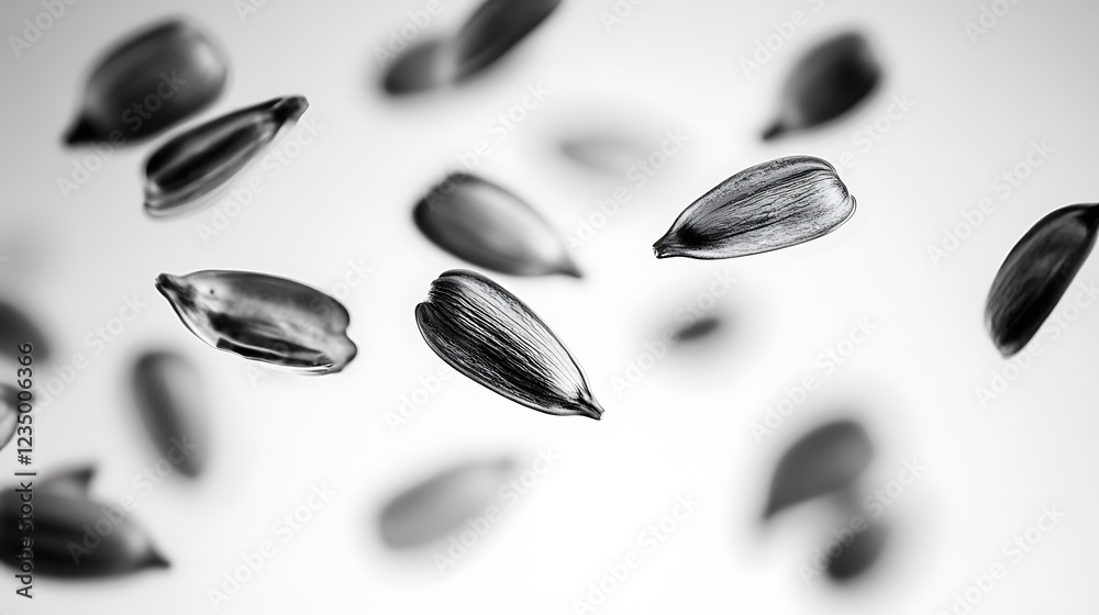 Floating sunflower seeds in high-contrast black and white photography Floating sunflower seeds in high-contrast black and white photography