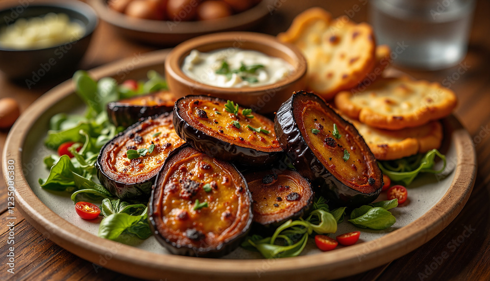 Moutabel dip with roasted eggplant and pita, traditional Middle Eastern flavor Moutabel dip with roasted eggplant and pita, traditional Middle Eastern flavor